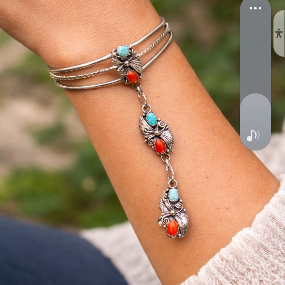 Sterling-Style Hand Chain Bracelet with Turquoise Blue and Coral Red Stones - Picture 2 of 9
